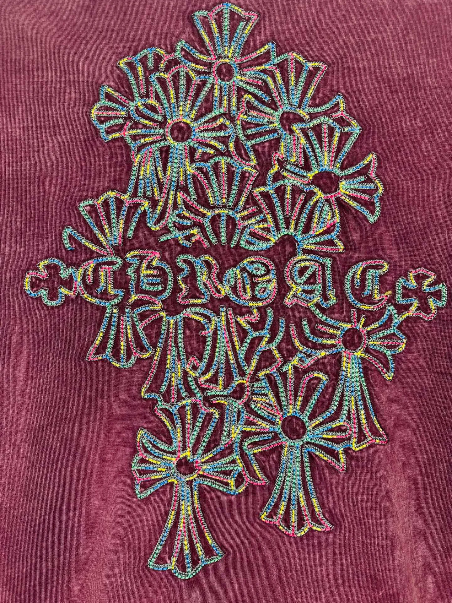 P260 ch high version Chrome Hearts 2025 new autumn and winter cross patch washed spray-painted long-sleeved T-shirt, fabric: 26 double yarns, 320 grams weight, Angra red thread weaving, heavy wash water➕fried color + spray-paint Printing process: colorful embroidery, secondary color spray-paint process Color: gray, red Size: S M L XL Style number: 5178